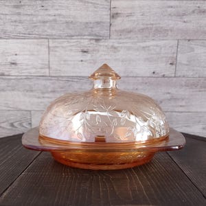 Vintage 1950’s Orange Jeanette Glass Iridescent Covered Butter Dish Floragold Louisa Pattern/Vintage Floral Butter Dish/Vintage Dishware