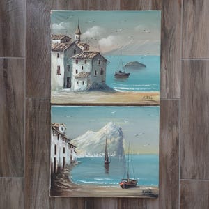 Vintage Aged Original Seascape Ocean Ship Boats Village Landscape Paintings Set 2 Artist M. Pena Condition Issues/Vintage Gallery Wall Decor