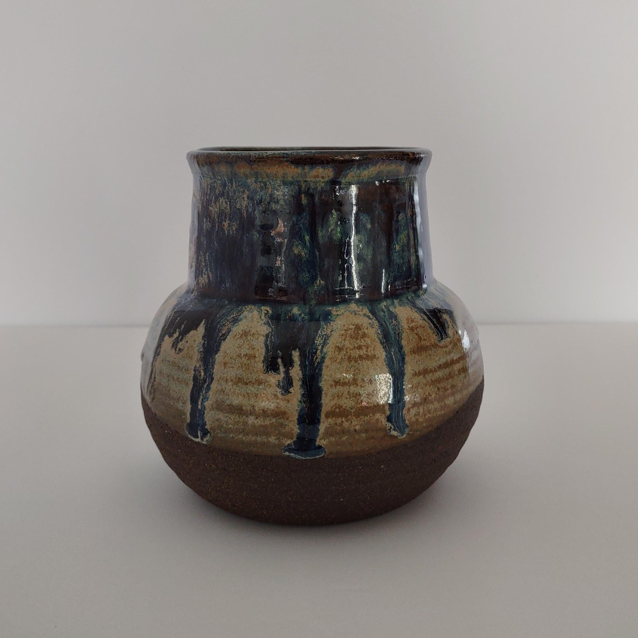 Vintage Handmade Studio Art Pottery Stoneware Clay Vase Blue Drip Glaze ...