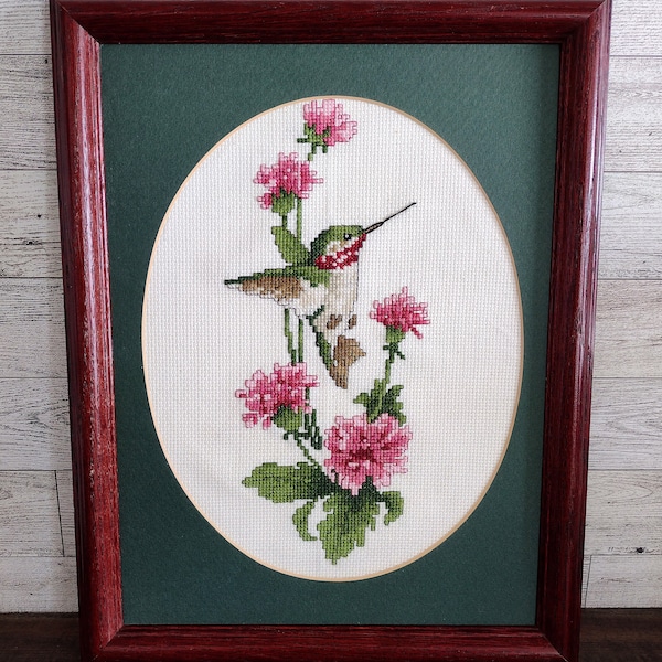 Vintage Hummingbird In Flight And Flowers Cross Stitch GREEN Oval Matte Cherry Wood Frame No Glass/Vintage Needlework Embroidery Wall Decor