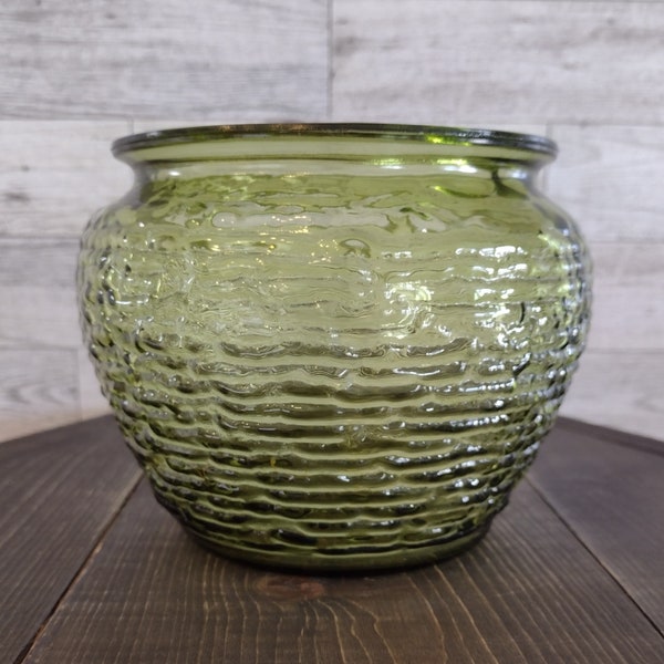 Vintage Green Glass Vase Planter Soreno Pattern Anchor Hocking Glass/Vintage Crinkle Tree Bark Green Glass Planter Vase/Vintage Home Décor
