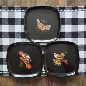Vintage Couroc Satin Black Inlaid Birds Decor Square Plates Set Of 3/Vintage Grouse Morning Dove Red-Headed Wood Pecker Plate Tray Dishware