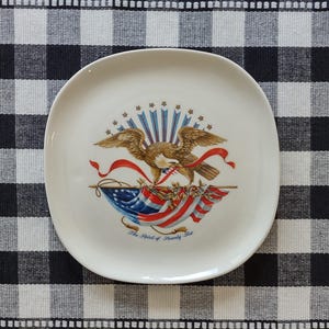 Vintage Hand Painted Eagle & Flag 1976 American Bicentennial Decorative Only Ceramic Plate/Vintage Patriotic Decor Spirit of 76 Plate