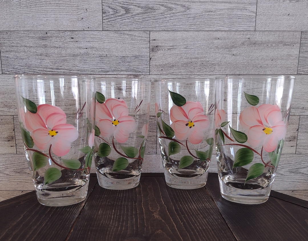 Vintage Libbey Hand Painted Floral Flower Drinking Glasses Set of 4