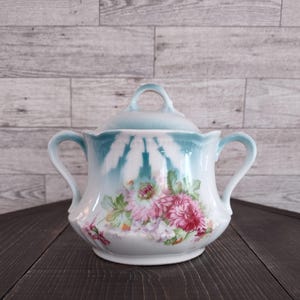 Vintage Victorian Style Hand Painted Floral Blue Floral Porcelain Sugar Bowl With Lid Germany/Vintage Sugar Bowl Canister/Vintage Dishware