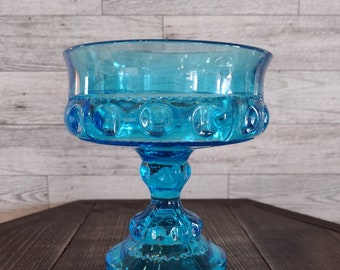 Vintage Indiana Glass Blue King Crown Thumbprint Pedestal Compote Candy Dish/Vintage Aqua Blue Candy Dish/Vintage Dishware