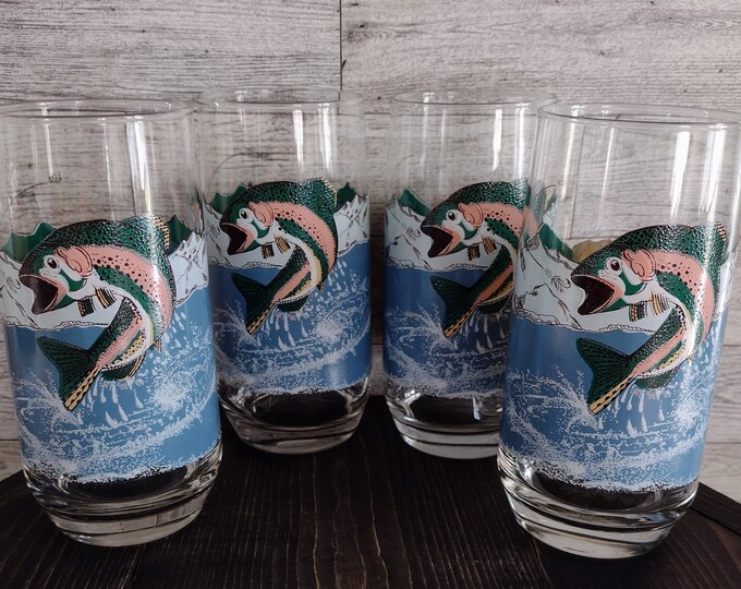 Vintage Fish Rainbow Trout Drinking Glasses Tumblers Set of 4 Made by