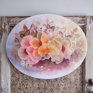 Vintage Original Hand Painted Poppies Daisies Oval Oil Painting Canvas/Vintage Oriental Poppies Painting 16 x 20/Vintage Gallery Wall Decor