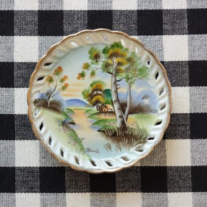 Vintage Hand Painted Countryside Landscape Scene Norleans Plate Reticulated Gold Detail Edge Artist Signed Japan/Vintage Wall Home Decor