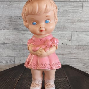Vintage 1960’s Edward Mobley Rubber Squeaker Girl Pink Dress Holding Teddy Bear/Vintage Collectible Baby Figurine Toys/Vintage Toys