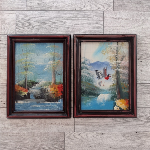 Vintage Small Oil Paintings Woodland Water Scenery Bird Vibrant Colors Set Of 2/Vintage Small Framed Oil Paintings/Vintage Wall Décor