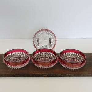Vintage Indiana Glass Diamond Point Ruby Rimmed Bowls Set Of 4/Vintage Collectible Cranberry Flashed Diamond Point Bowls/Vintage Dishware