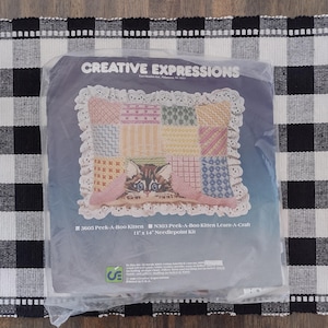 Vintage 1981 Creative Expressions Peek A Boo Kitten Needlepoint Kit 3605, Patchwork Cat Pillow Top Unopened Retro Needlecraft 11x14 DIY
