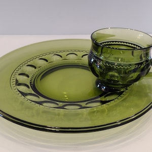 Vintage 1960’s Indiana Glass Kings Crown Thumbprint Green Luncheon Set Plate And Cup/Vintage Green Serving Set/Vintage Green Dishware