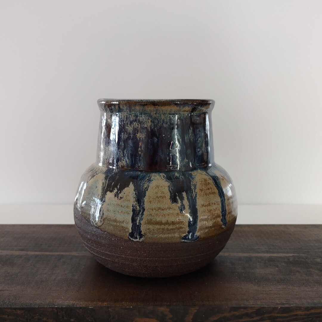 Vintage Handmade Studio Art Pottery Stoneware Clay Vase Blue Drip Glaze ...