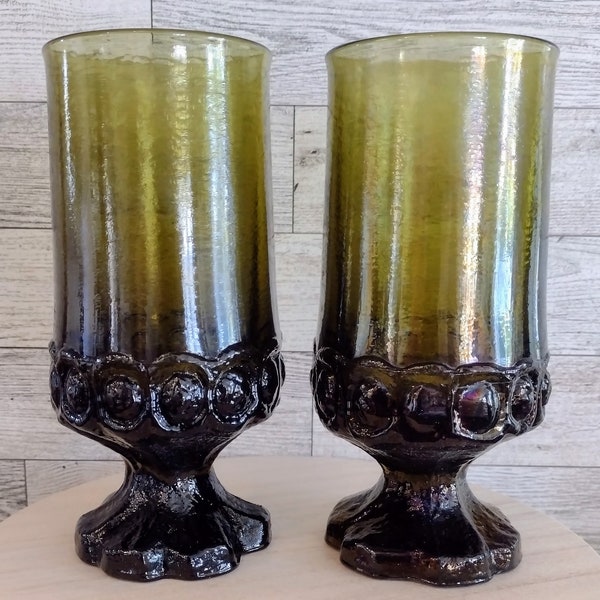 Vintage Set Of 2 MCM Madeira Olive Green Iced Tea Drinking Glasses Tiffin Franciscan Glass/Vintage Olive Green Stemmed Goblets Glassware