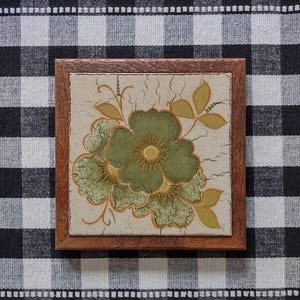 Vintage 1970s Large Ceramic Tile Trivet Heavy Wood Framed Table Hot Plate Italy/Large Avocado Green Flower Retro Kitchen Counter Pot Rest