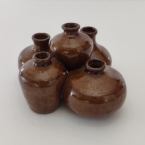 Vintage Small Brown Glazed Stoneware Clay Pottery Vases Grouping Set 5/Vintage Brown Glaze Speckled Clay Pot Flower Vases/Vintage Home Decor