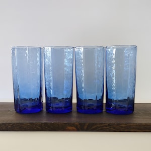Vintage Libbey Cobalt Blue Facets Style Tall Ice Tea Glasses Octagon Shape Set of 4/Vintage Blue Glass Tall Tumblers/Vintage Glassware