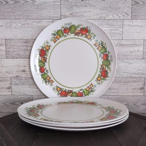 May include: A set of four white round dinner plates featuring a decorative border of colorful illustrations including red tomatoes, green peppers, brown mushrooms, and artichokes, framed by a thin green circular line on a plain white center.