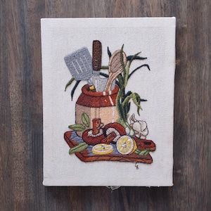 Vintage 1977 Sunset Designs #2390 Crewel Needlepoint Cooking Utensils Crock Mushrooms Onions Lemons Completed/Vintage Kitchen Wall Decor