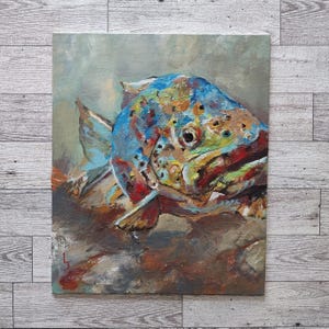 Vintage Original Painting Artwork Colorful Fish Board Signed/Vintage Rainbow Trout Fish Painting/Vintage Fish Wildlife Gallery Wall Decor