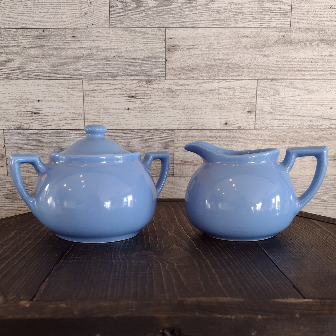 Vintage Mid Century Hall Pottery Liptons Tea Blue Creamer and Sugar Bowl Set /vintage Ceramic