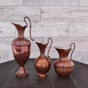 Vintage Small Miniature Handmade Metal Copper Pitcher Jug Decor Set 3/Vintage Small Miniature Vessel Vase Copper Decor/Vintage Home Decor
