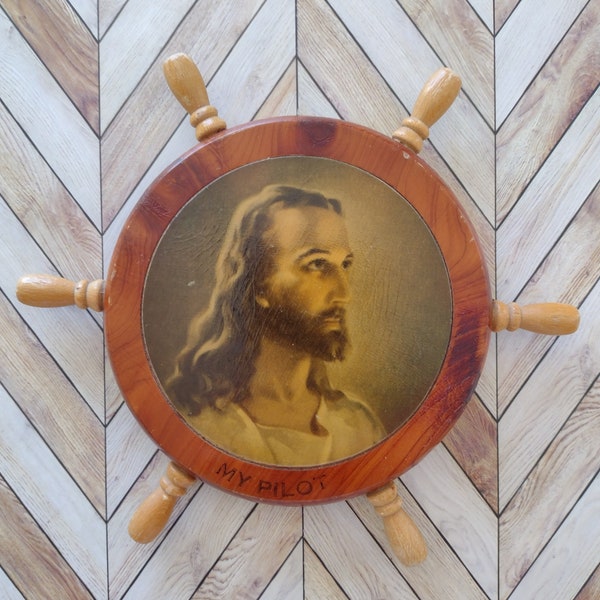 Vintage Lithograph 1940's Print "The Head of Christ" Warner Sallman/Vintage Christ Wood Ship Wheel/Jesus of Nazareth/Christian Religious Art