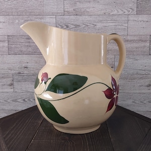 Vintage 1950s Hand Painted Large Watt Pottery Starflower Pattern Yellowware Pitcher Heavy Fine Crazing/Vintage Floral Kitchenware Pitcher