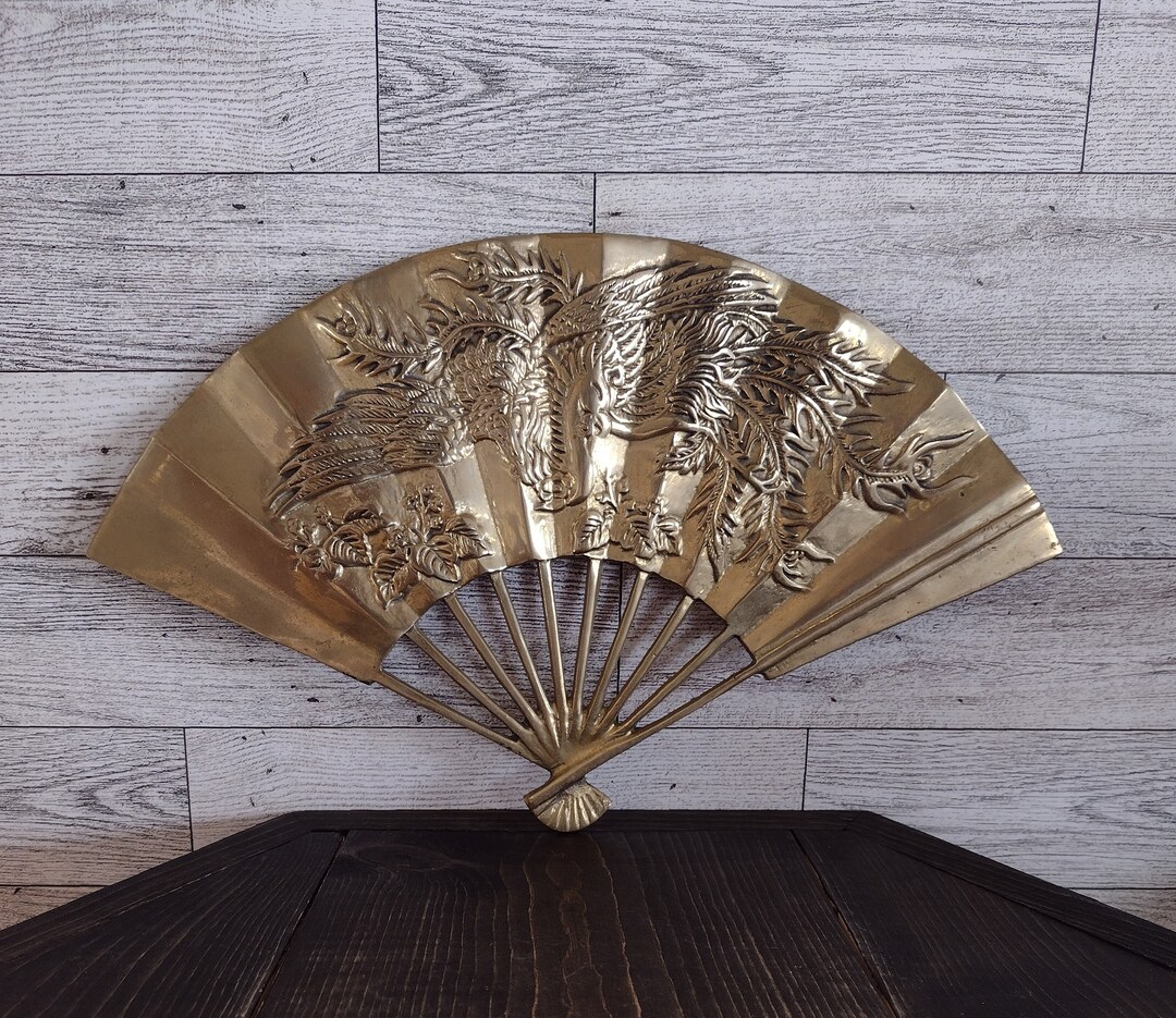 Vintage Enesco Brass Asian Fan With Bird Phoenix Metal Detail/vintage ...