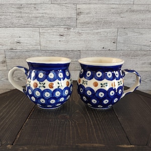 Vintage Heavily Crazed Handmade Polish Pottery Mosquito Pattern Bubble Stoneware Mugs Set 2 CONDITION/Handmade Boleslawiec Coffee Mugs