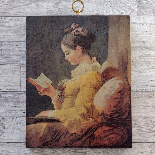 Vintage “Young Girl Reading” By Artist Jean-Honore Fragonard Print On Wood Plaque Wall Décor/Vintage Gallery Wall Décor/Vintage Home Décor