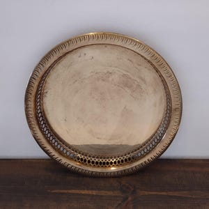 Vintage Mid Century Style Round Brass Reticulated Edge Tray India/Vintage Large Brass Round Decorative Vanity Tray/Vintage Brass Home Decor