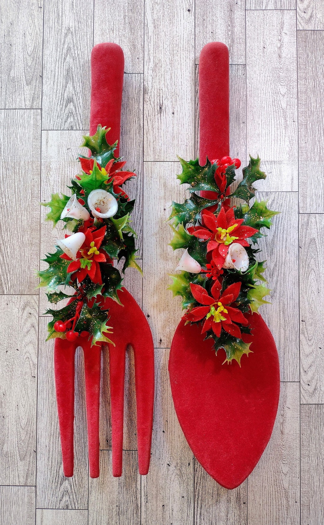 Vintage Christmas Red Velvet Fork & Spoon With Floral Arrangement