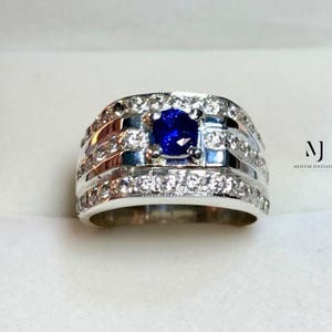 Blue Sapphire Ring - Natural Ceylon Blue Sapphire Sterling Silver Ring - Handmade Blue Sapphire Ring with Cubic Zirconia