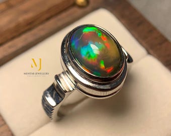 Naturlig etiopisk svart opal sterlingsilver handgjord ring – Färglek ädelsten, gåva för män