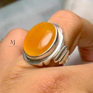 Handmade Yellow Agate Sterling Silver Ring - Mens Statement Ring