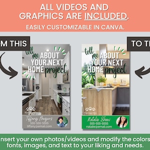 May include: Two images showing before and after results of a home renovation project. The before image shows a kitchen with white cabinets and a wood floor. The after image shows the same kitchen with updated cabinets and a new backsplash. The text on the images says "Tell me about your next home project".