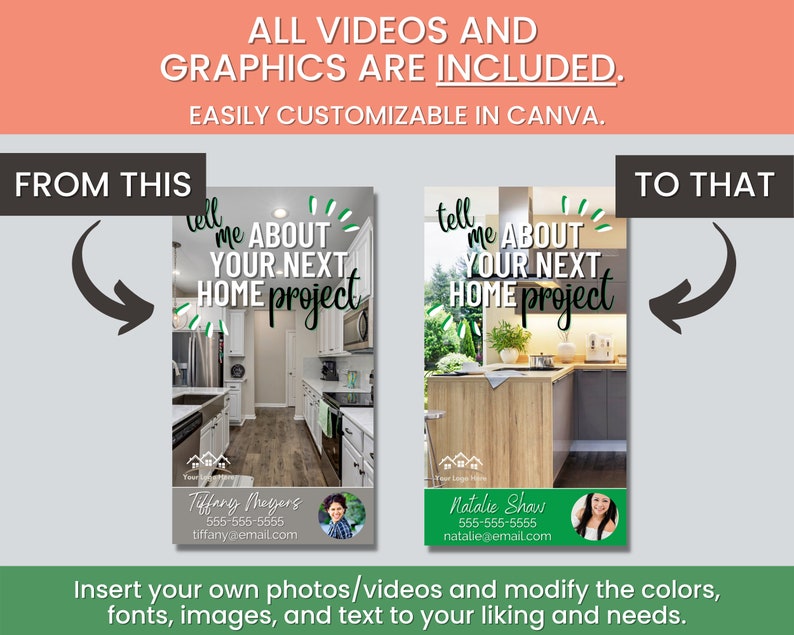 May include: Two images showing before and after results of a home renovation project. The before image shows a kitchen with white cabinets and a wood floor. The after image shows the same kitchen with updated cabinets and a new backsplash. The text on the images says "Tell me about your next home project".