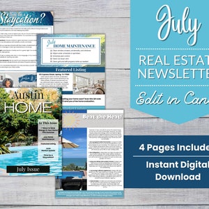 July Real Estate Newsletter, Summer Real Estate Template, Email Newsletter Template, July Real Estate, Realtor Mailer Canva, Realtor Farming