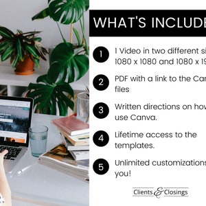 May include: A list of what's included in a digital product. The list includes a video in two different sizes, a PDF with a link to Canva files, written directions on how to use Canva, lifetime access to the templates, and unlimited customizations. The text "Clients & Closings" is at the bottom of the list.
