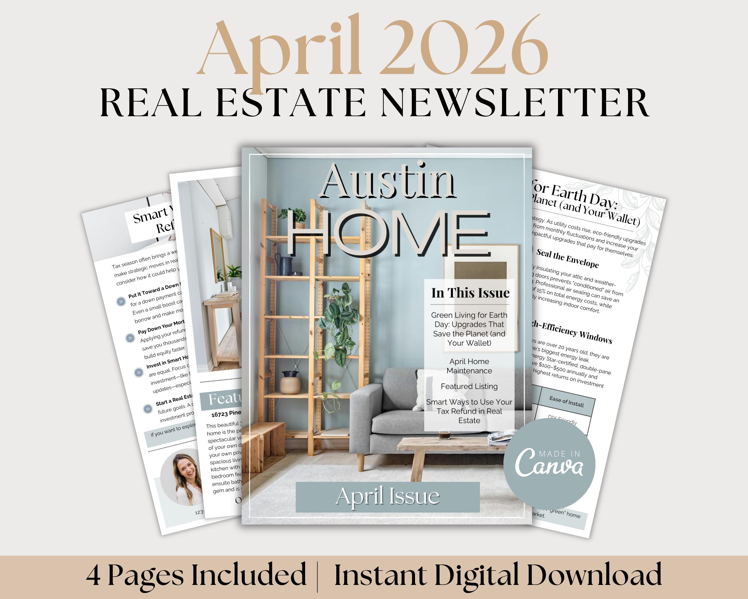 April 2026 Real Estate Newsletter Template Canva | Spring Realtor ...
