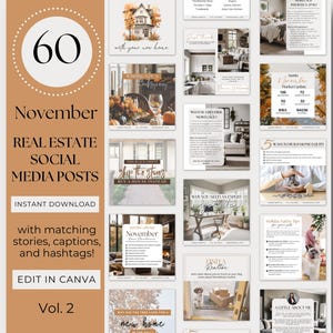 Könnte beinhalten: Eine Collage aus 60 Social-Media-Posts für Immobilienmakler. Die Posts sind für November thematisiert und zeigen Bilder von Häusern, Herbstlaub und anderen relevanten Bildern. Der Text auf den Posts enthält Tipps zum Kauf und Verkauf von Häusern sowie Informationen über den Immobilienmarkt. Der Text "60 November Immobilien Social Media Posts" befindet sich oben im Bild.