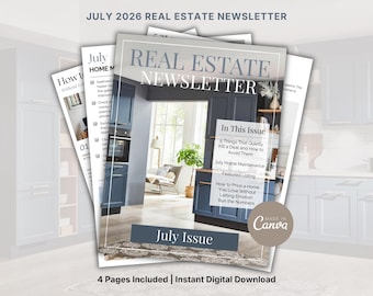 Plantilla de boletín informativo inmobiliario de julio en Canva. Boletín mensual editable para clientes. Marketing para agentes inmobiliarios. Boletín informativo por correo electrónico para agentes inmobiliarios. Imprimible.