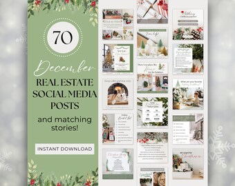 May include: A green and white graphic with the text "70 December Real Estate Social Media Posts and matching stories! Instant Download" surrounded by a border of green leaves and red berries.
