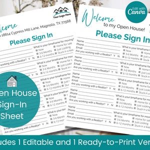 Open House Sign In Sheet, Real Estate Forms, Sign In Sheet Real Estate, Realtor Open House, Sign-In Sheet Printable, Realtor Editable Forms