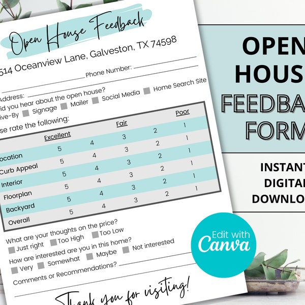 Open House Feedback Form, Realtor Marketing, Open House Survey, Feedback Sheet, Sign In Sheet, Realtor Open House, Canva Template