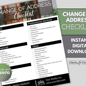 Change of Address Checklist, Real Estate Realtor Marketing (Canva Digital Download)