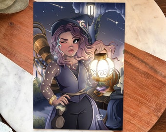 Cute Astronomy Witch In Star Gazing Tower Illustration 5x7 Art Print on Quality 60lb Premium Matte Stock